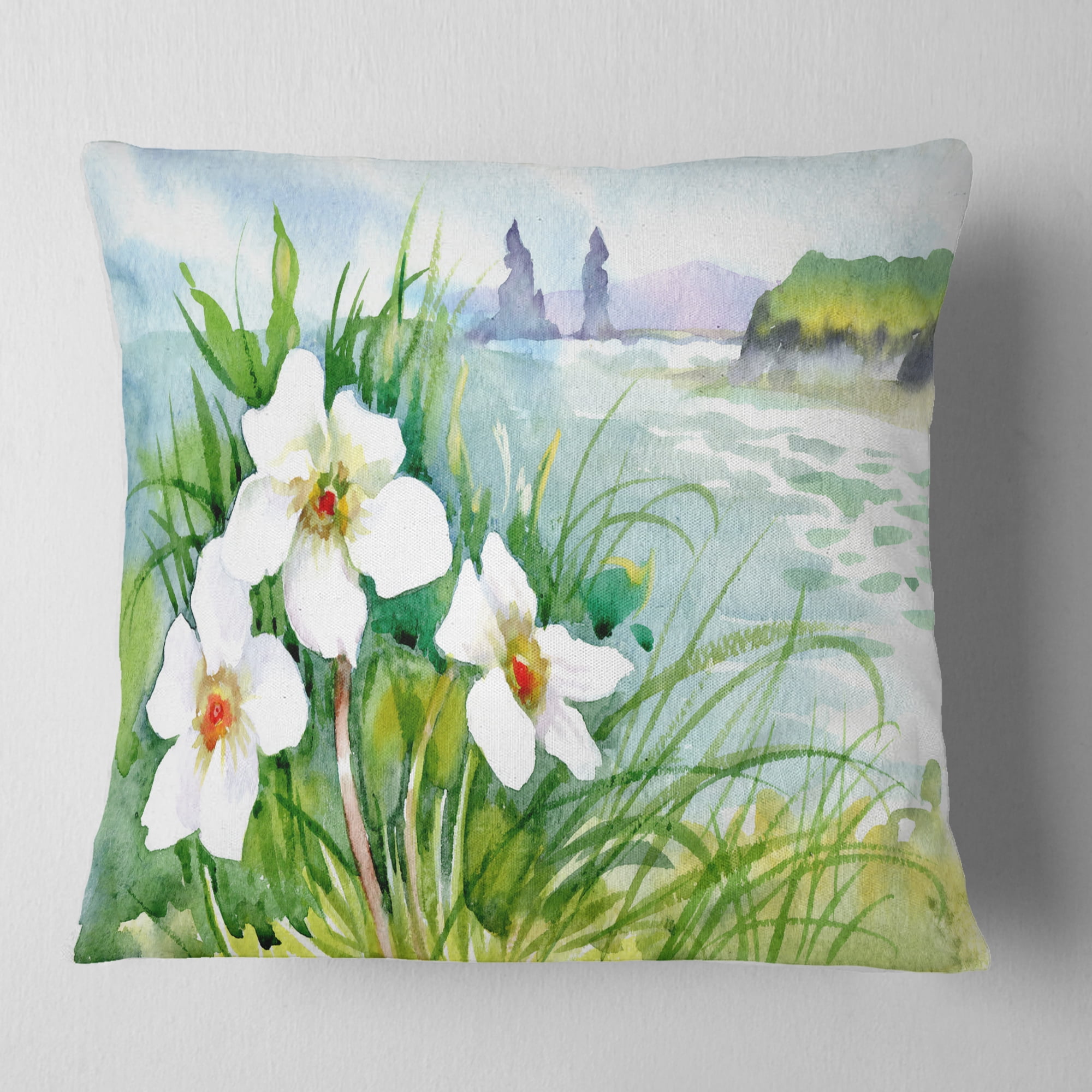 Designart Blooming Flowers on Summer River - Landscape Printed Throw Pillow - 18x18