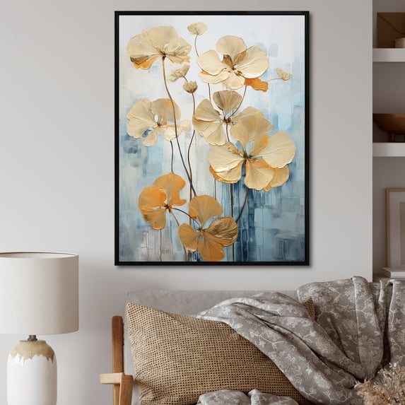 Designart "Blooming Geraniums In Golden Blue I" Geraniums Floater Framed Canvas Prints