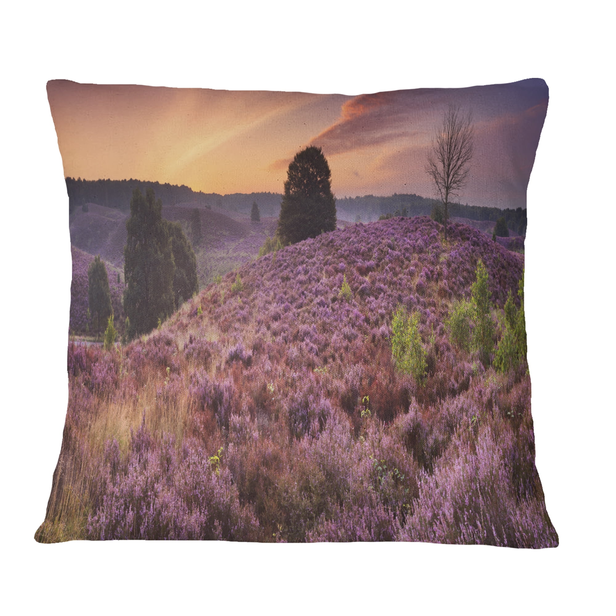 Designart Blooming Heather at Dawn Panorama - Landscape Printed Throw Pillow - 16x16