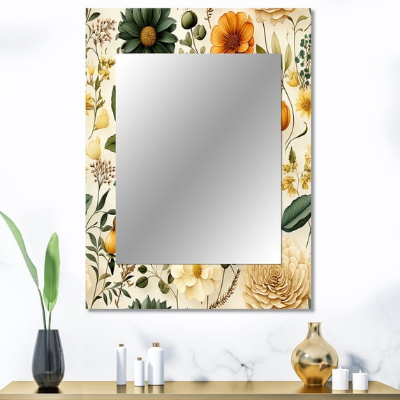Designart "Blooming Journey" Floral Wall Mirror, Printed Green Wall Mirror, Bohemian Bathroom Wall Mirror, Decorative Floral Mirror - 30x40 Inch