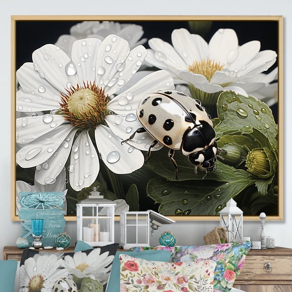 Designart "Blooming Ladybug: Nature'S Enigma I" Ladybug Floater Framed Wall Art Living Room