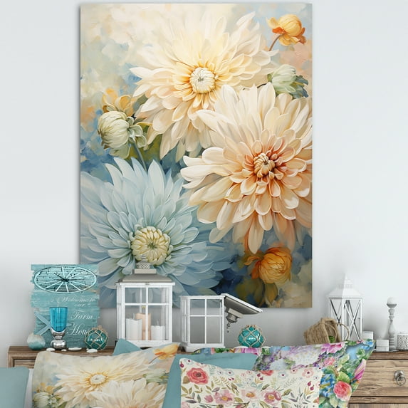 Designart "Blooming Mums Amidst A Blue Canvas I" Mums Wall Art Living Room