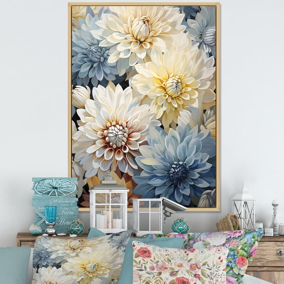 Designart "Blooming Mums Amidst Beige And Blue" Mums Floater Framed Wall Art Living Room