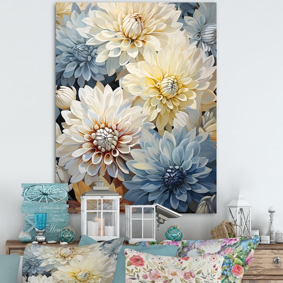 Designart "Blooming Mums Amidst Beige And Blue" Mums Wall Art Living Room