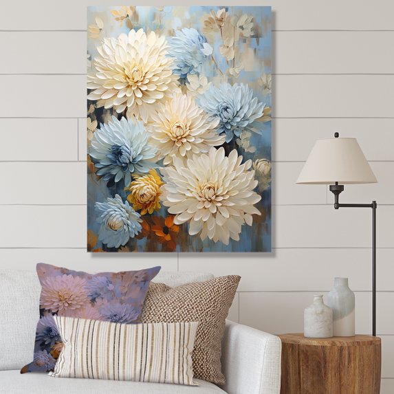 Designart "Blooming Mums In Blue And Gold Minimalism II" Mums Canvas Prints