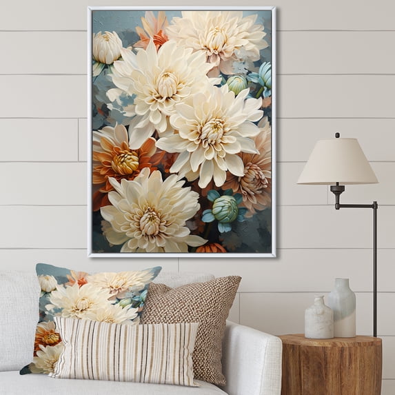 Designart "Blooming Mums In Blue And Gold Minimalism" Mums Floater Framed Wall Art Prints