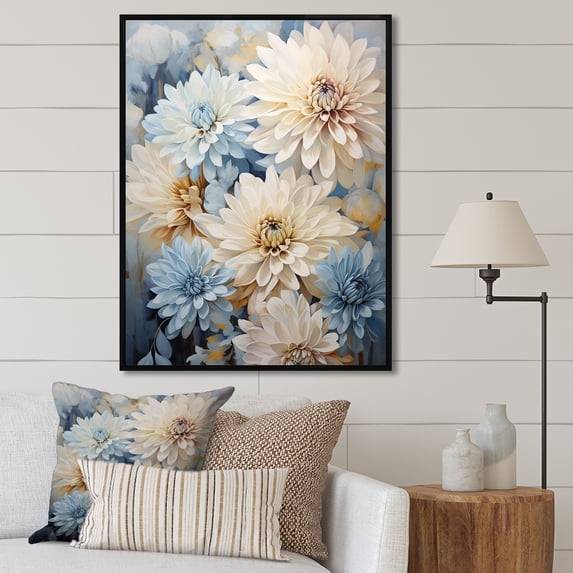 Designart "Blooming Mums In Muted Blue And Beige Minimalism I" Mums Floater Framed Canvas Prints