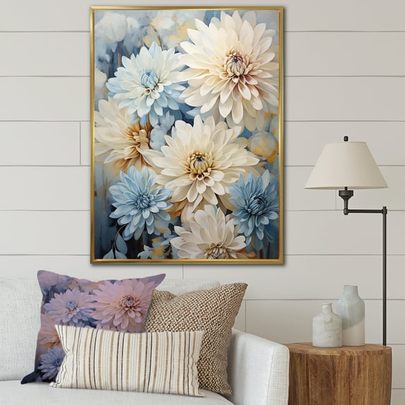 Designart "Blooming Mums In Muted Blue And Beige Minimalism I" Mums Floater Framed Canvas Prints