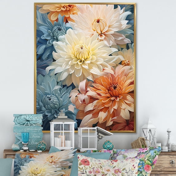 Designart "Blooming Mums In Muted Blue And Beige Minimalism II" Mums Floater Framed Wall Decor