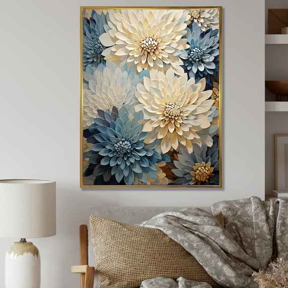 Designart "Blooming Mums In Muted Blue And Beige Minimalism III" Mums Floater Framed Canvas Art Print