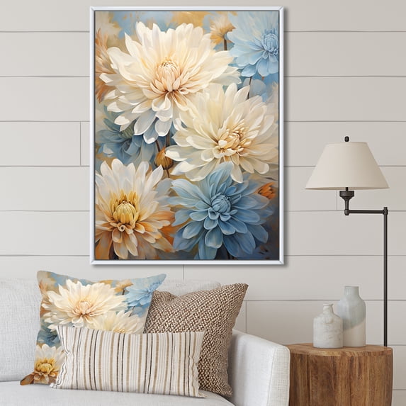 Designart "Blooming Mums In Muted Blue And Beige Minimalism IV" Mums Floater Framed Wall Art Prints
