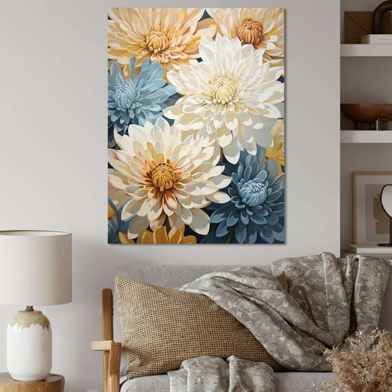 Designart "Blooming Mums In Muted Blue And Beige Minimalism" Mums Canvas Wall Art