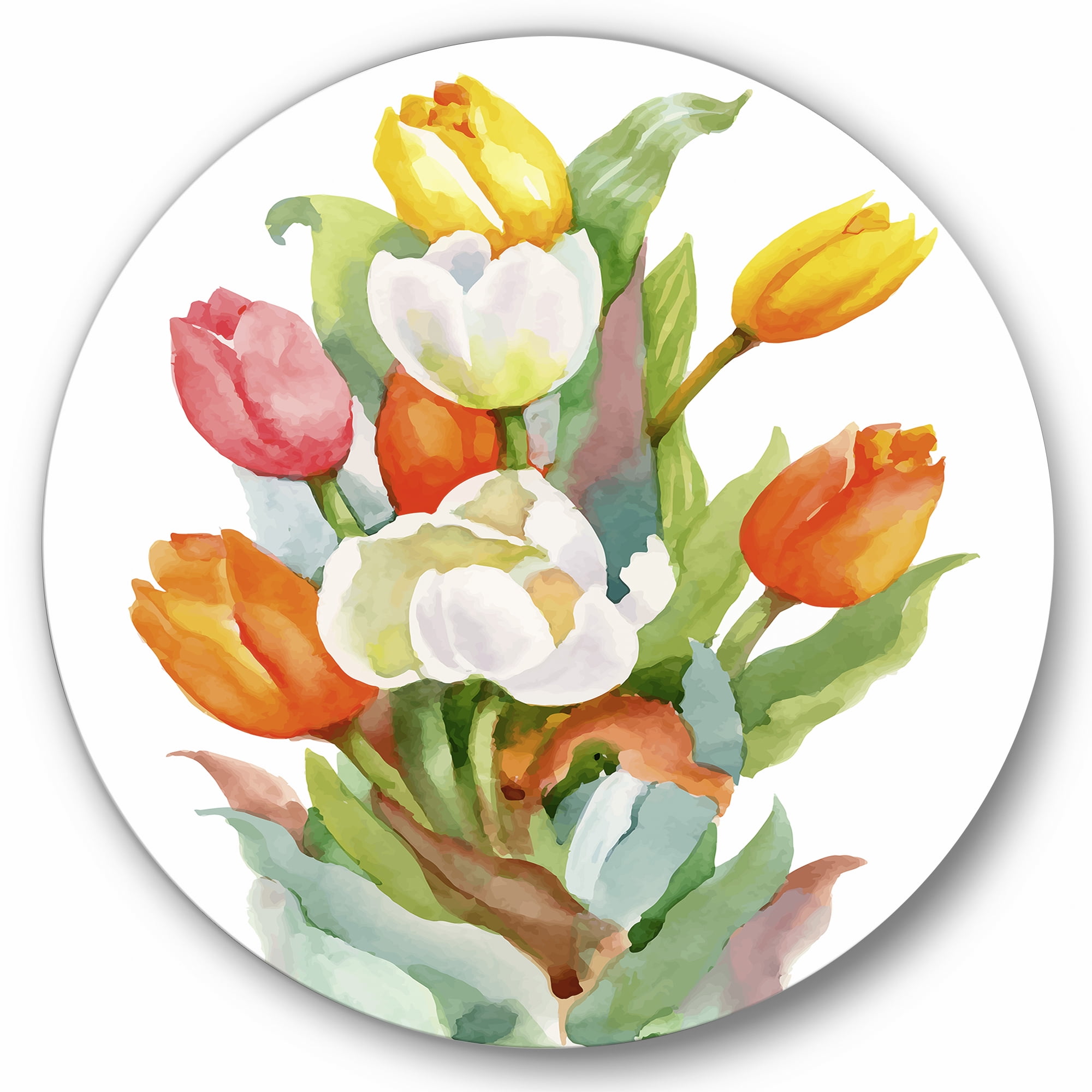 Designart 'Blooming Orange and White Tulips Flower' Traditional Circle Metal Wall Art 23x23 - Disc of 23