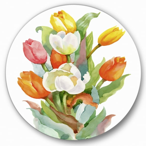 Designart 'Blooming Orange and White Tulips Flower' Traditional Circle Metal Wall Art 23x23 - Disc of 23