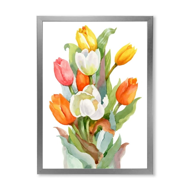 Designart 'Blooming Orange and White Tulips Flower' Traditional Framed Art Print