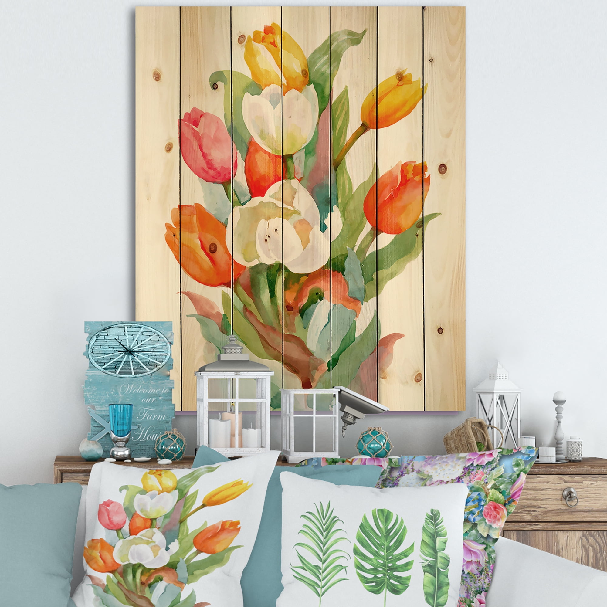 Designart 'Blooming Orange and White Tulips Flower' Traditional Print on Natural Pine Wood