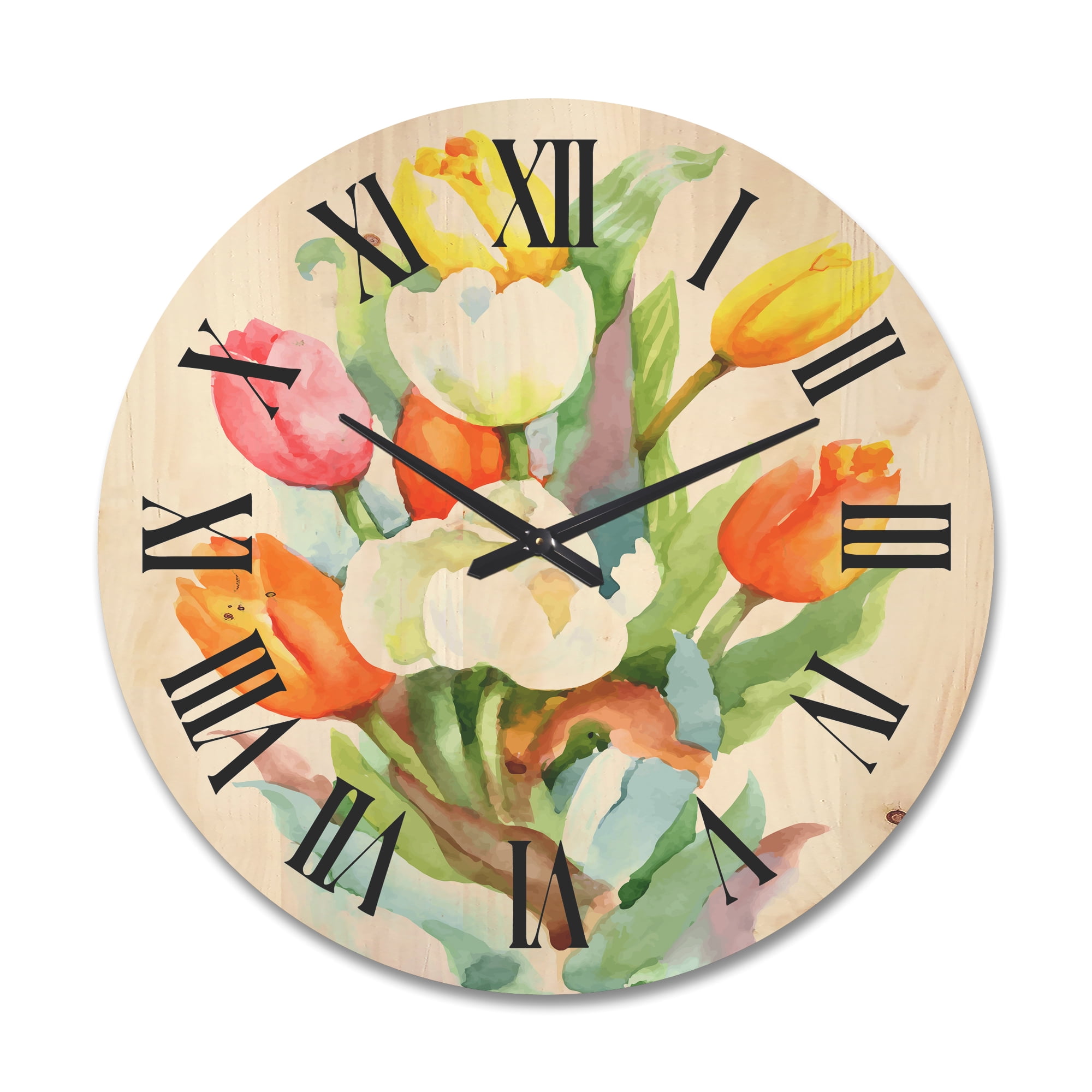 Designart 'Blooming Orange and White Tulips Flower' Traditional Wood Wall Clock
