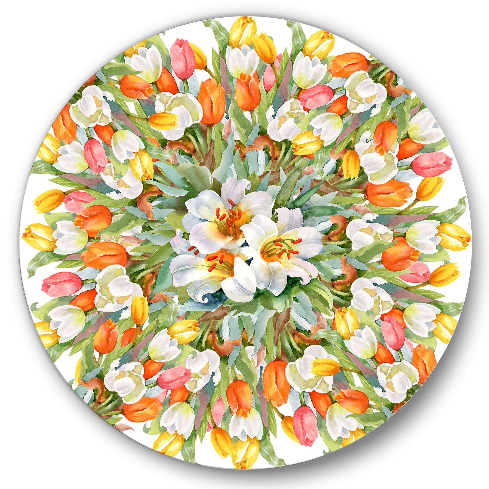 Designart 'Blooming Orange and White Tulips I' Traditional Circle Metal Wall Art 36x36 - Disc of 36
