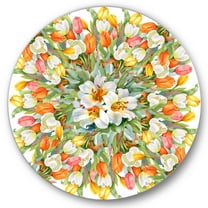 Designart 'Blooming Orange and White Tulips I' Traditional Circle Metal Wall Art 36x36 - Disc of 36