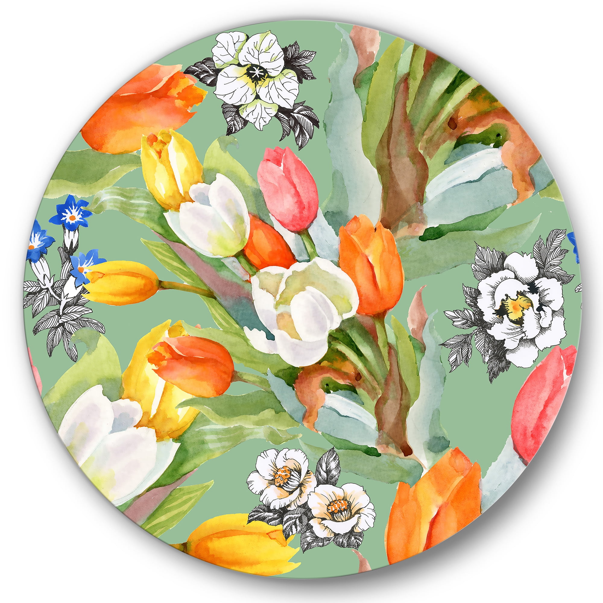 Designart 'Blooming Orange and White Tulips II' Traditional Circle Metal Wall Art 23x23 - Disc of 23