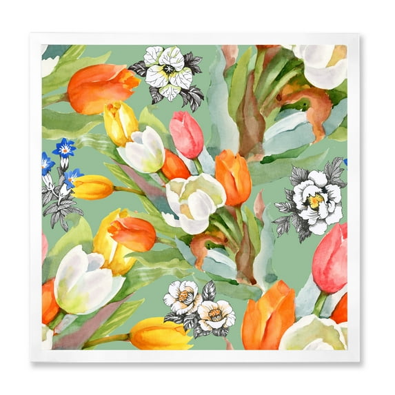 Designart 'Blooming Orange and White Tulips II' Traditional Framed Art Print