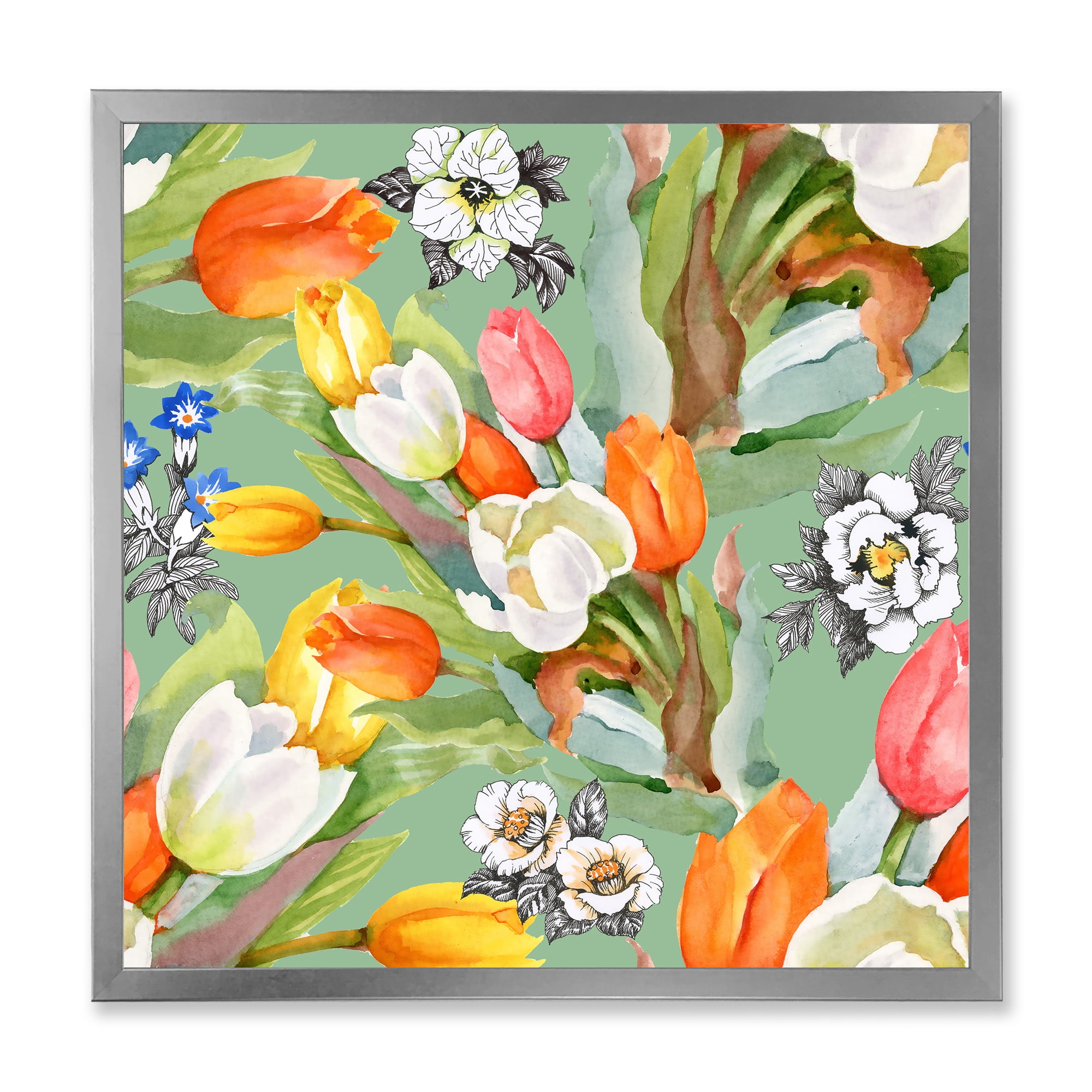 Designart 'Blooming Orange and White Tulips II' Traditional Framed Art Print