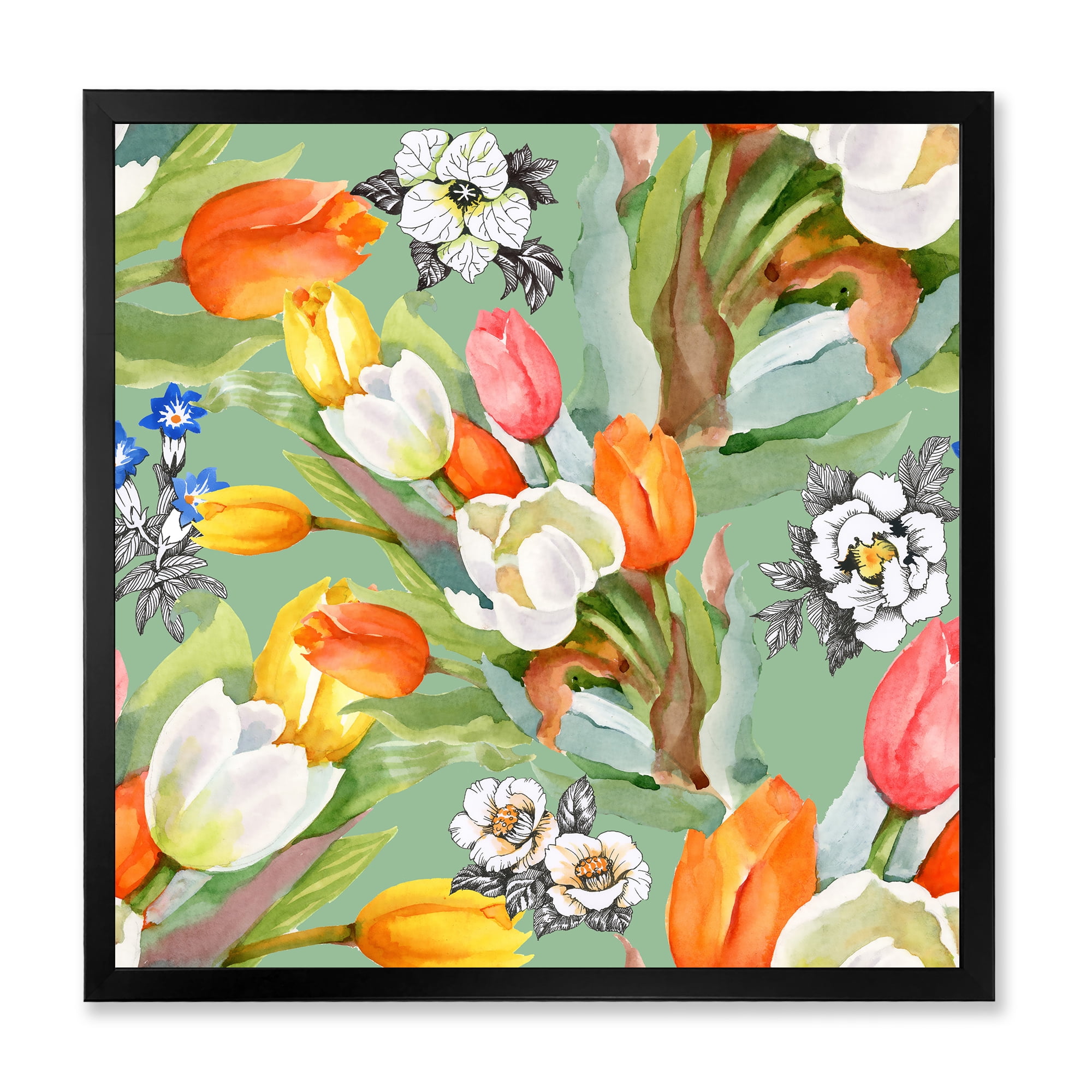 Designart 'Blooming Orange and White Tulips II' Traditional Framed Art Print