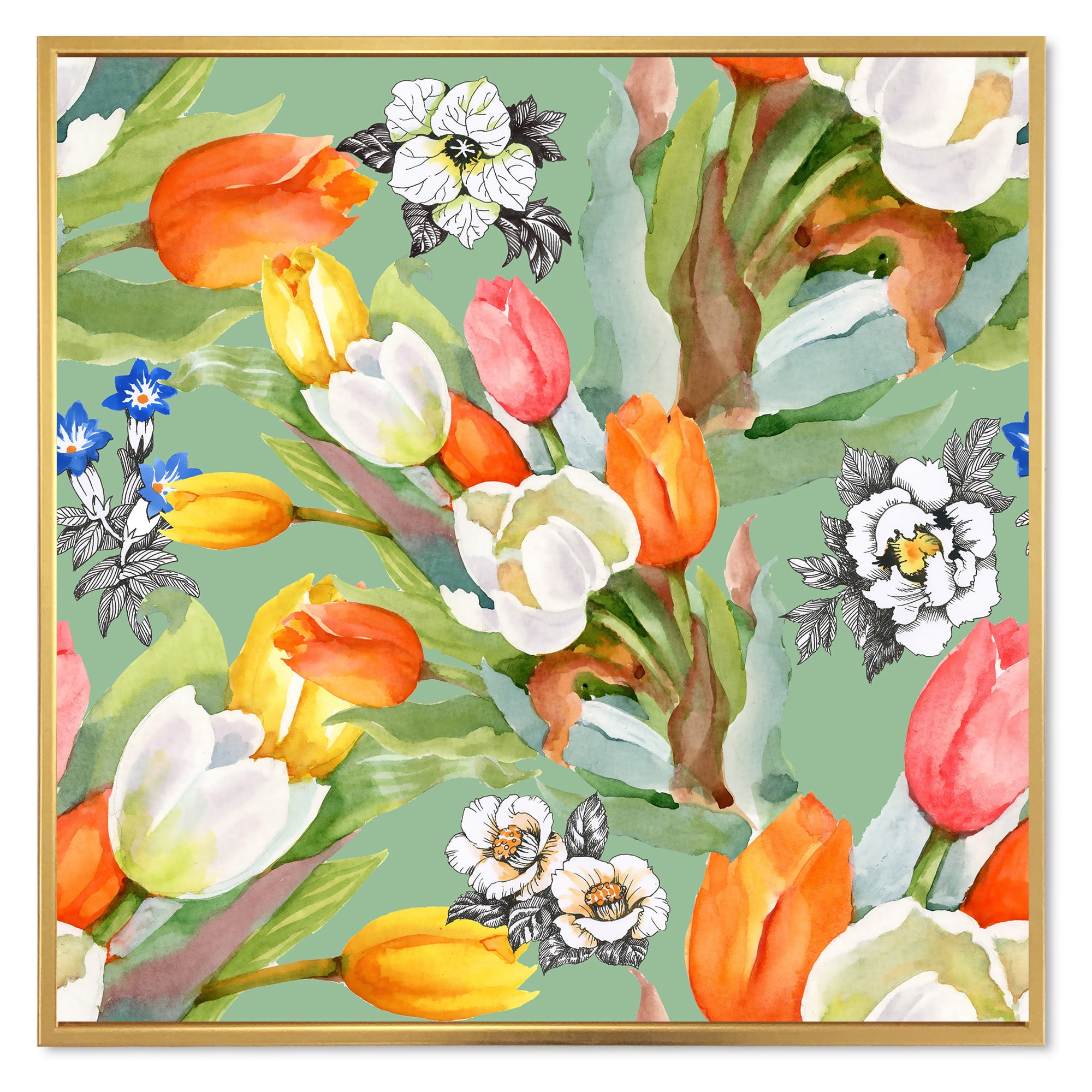 Designart 'Blooming Orange and White Tulips II' Traditional Framed Canvas Wall Art Print
