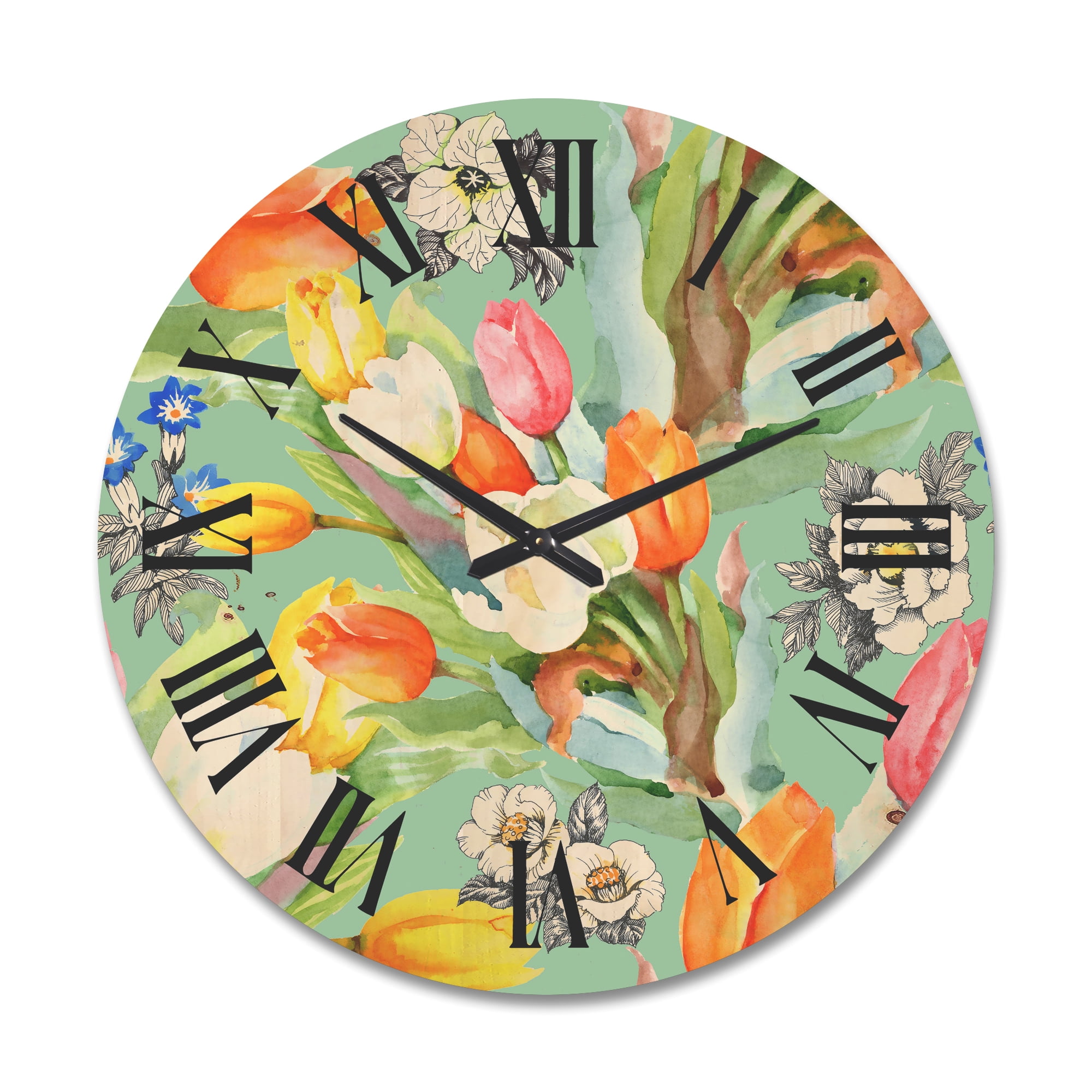 Designart 'Blooming Orange and White Tulips II' Traditional Wood Wall Clock