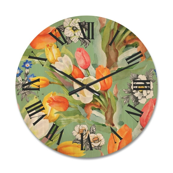 Designart 'Blooming Orange and White Tulips II' Traditional Wood Wall Clock