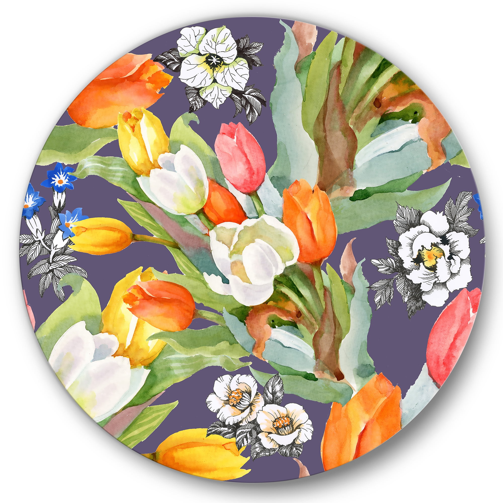 Designart 'Blooming Orange and White Tulips III' Traditional Circle Metal Wall Art 11x11 - Disc of 11