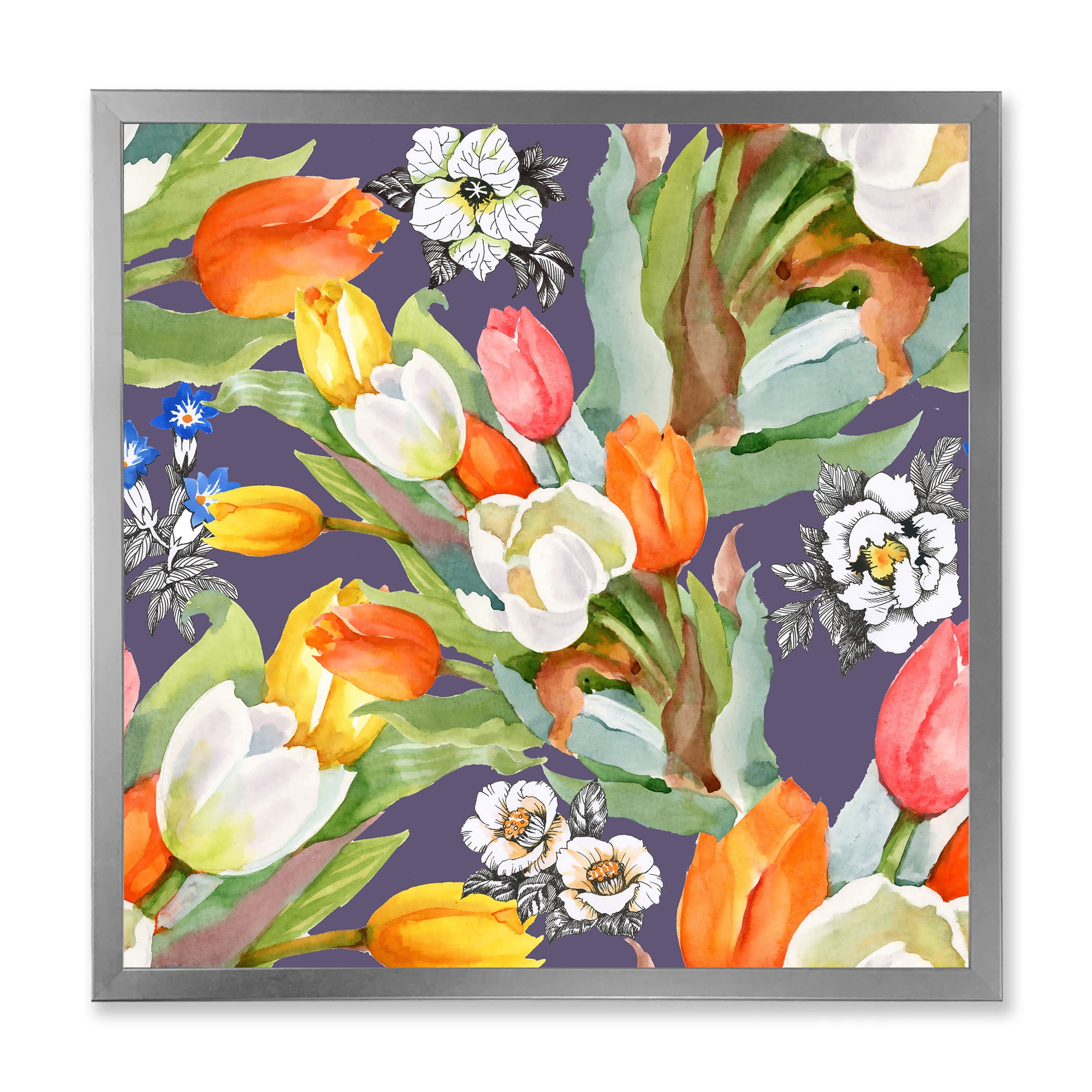 Designart 'Blooming Orange and White Tulips III' Traditional Framed Art Print