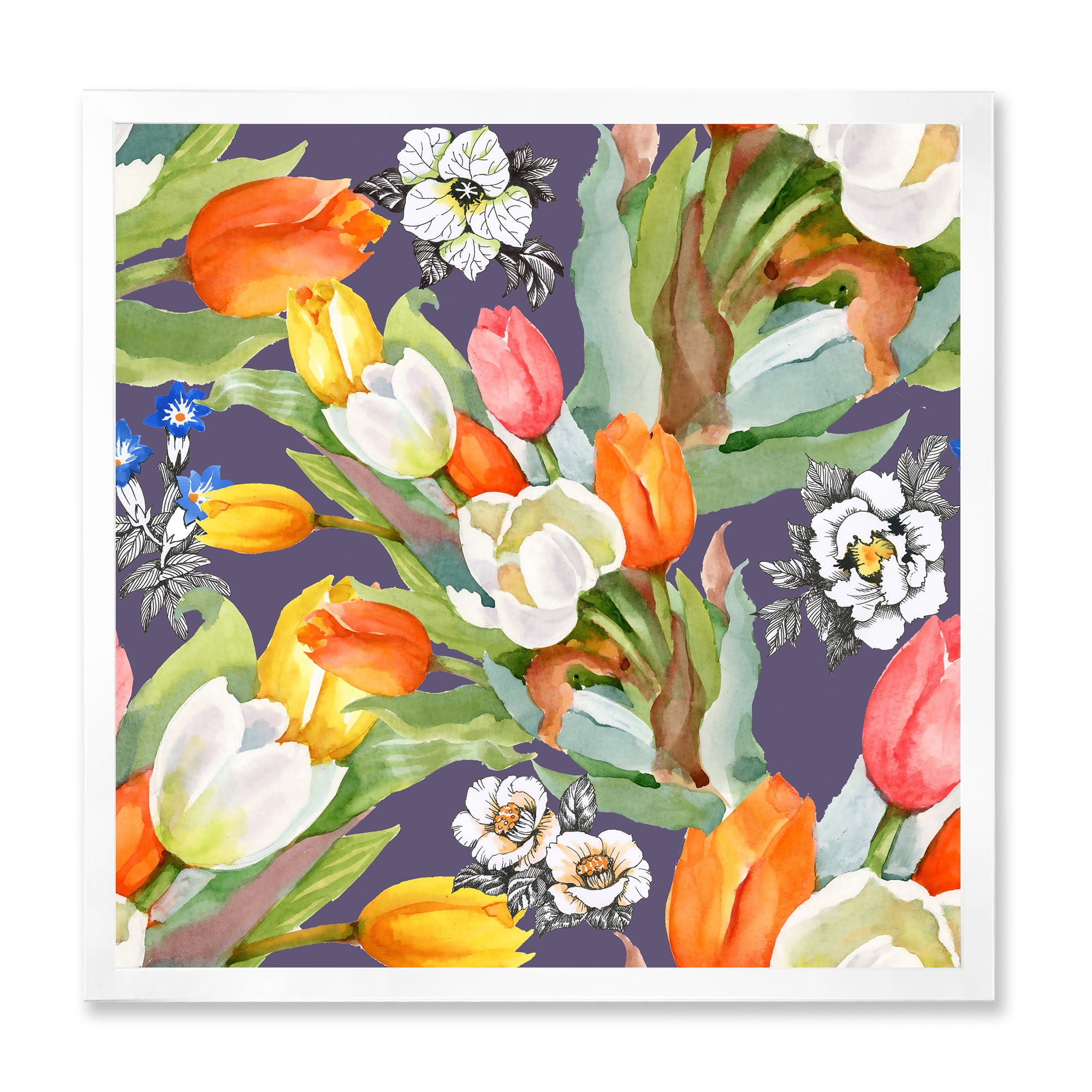Designart 'Blooming Orange and White Tulips III' Traditional Framed Art Print