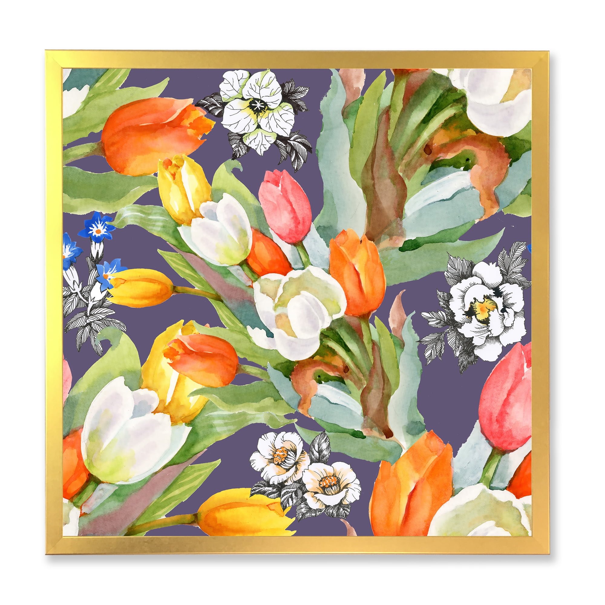 Designart 'Blooming Orange and White Tulips III' Traditional Framed Art Print
