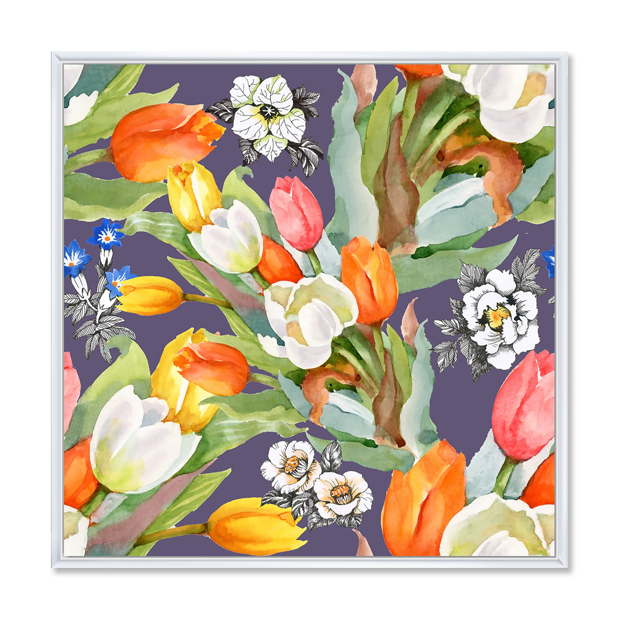 Designart 'Blooming Orange and White Tulips III' Traditional Framed Canvas Wall Art Print