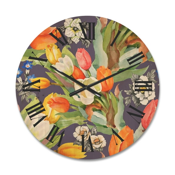 Designart 'Blooming Orange and White Tulips III' Traditional Wood Wall Clock