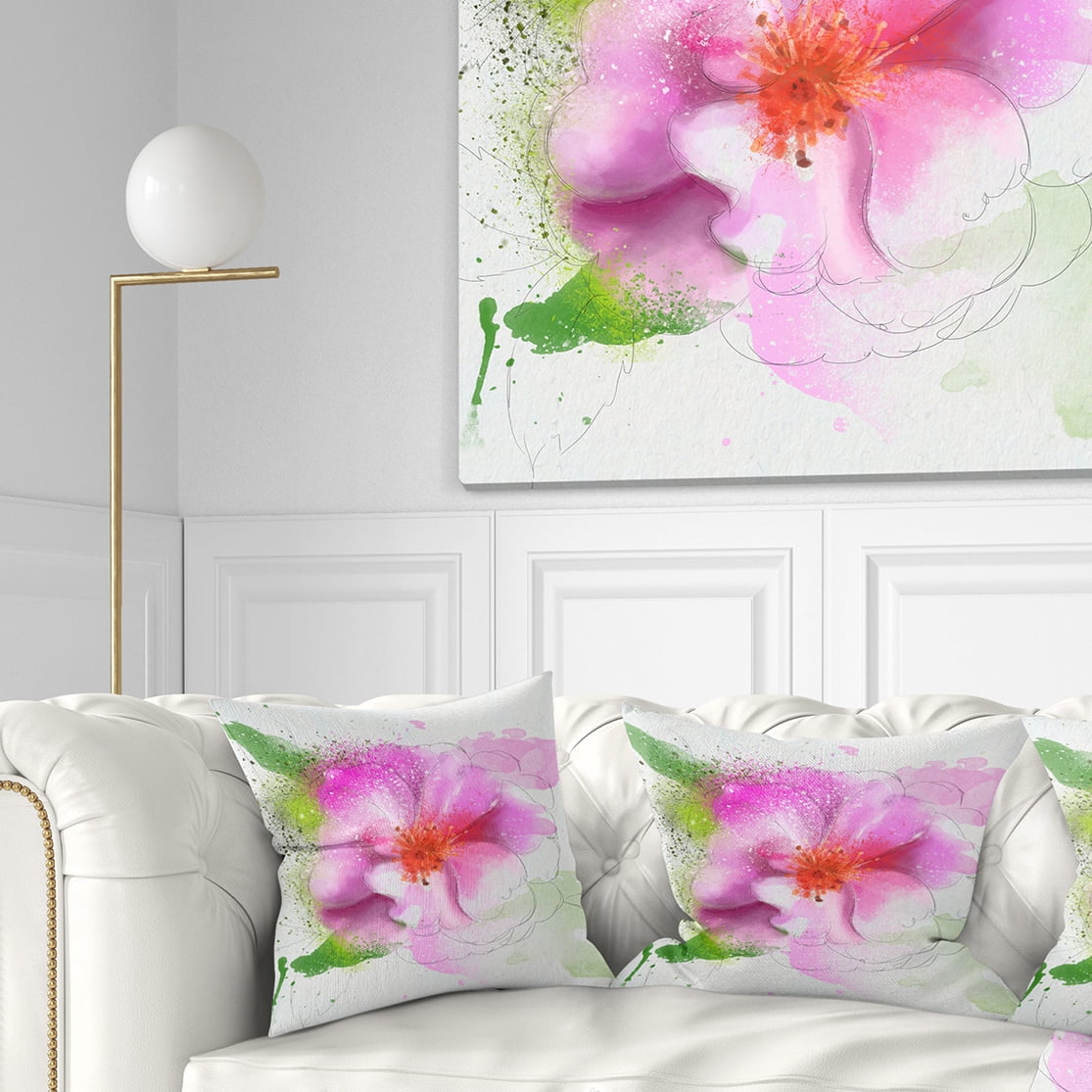 Designart Blooming Pink Flower Watercolor - Flowers Throw Pillowwork - 16x16