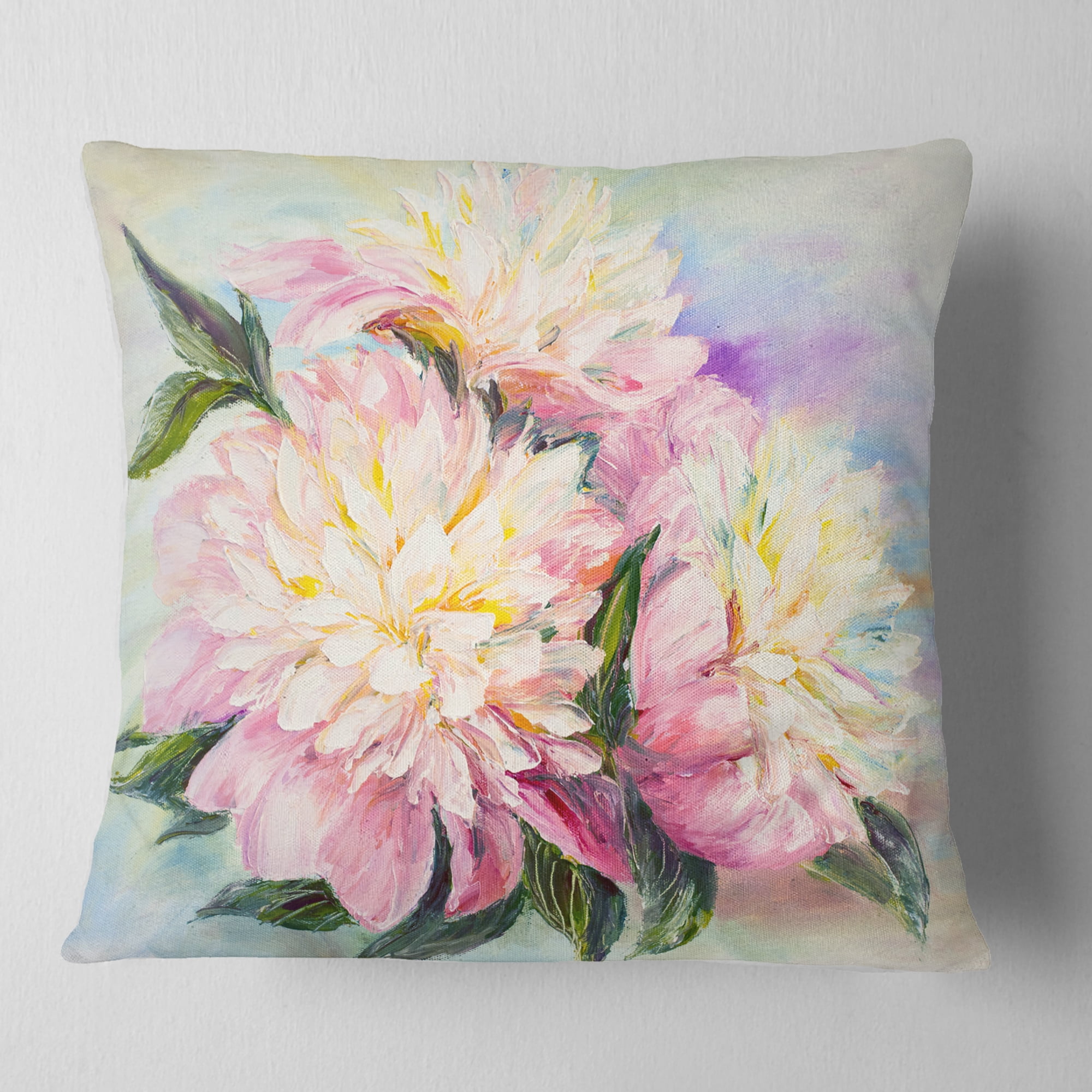 Designart Blooming Pink Peonies - Floral Throw Pillow - 16x16
