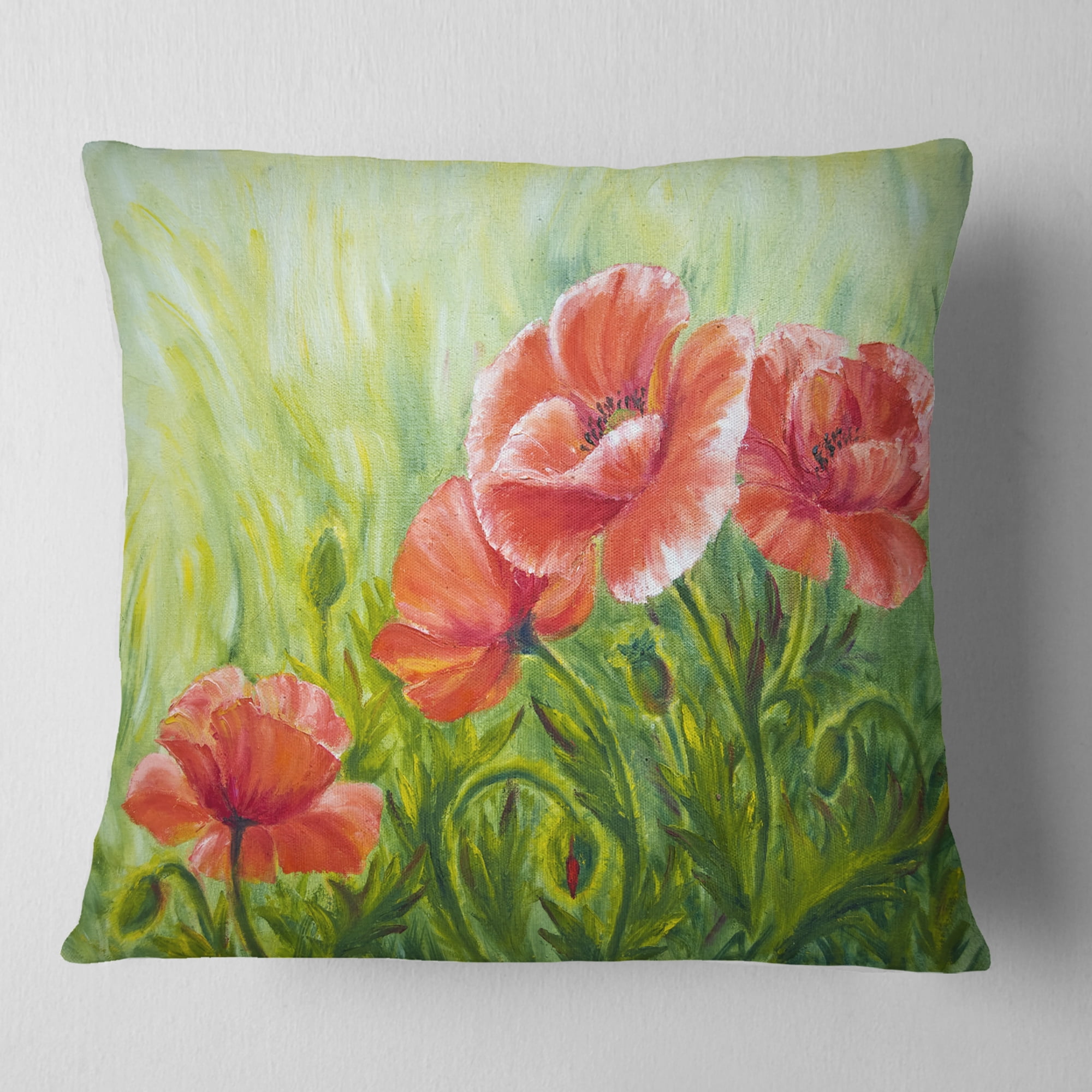 Designart Blooming Poppies with Green Leaves - Floral Throw Pillow - 18x18