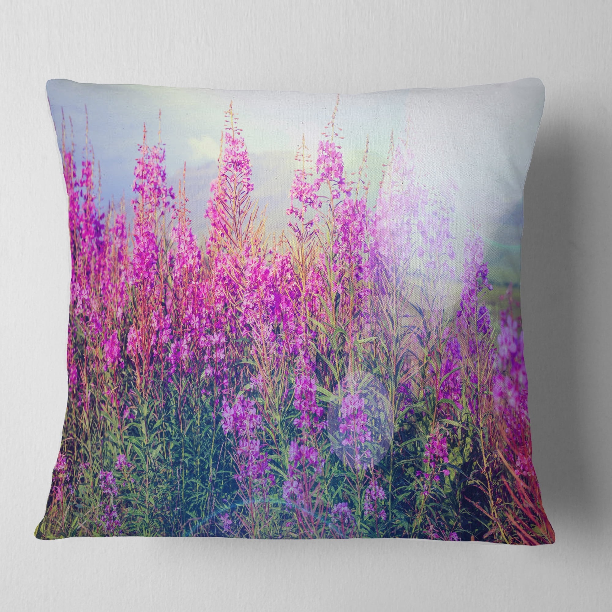 Designart Blooming Purple Flowers in Meadow - Flower Throw Pillow - 16x16