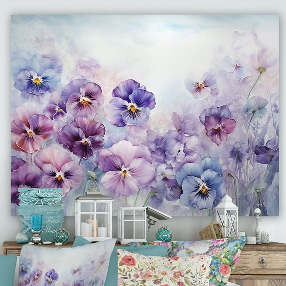 Designart "Blooming Purple Pansies IV" Flower Field Canvas Art Print