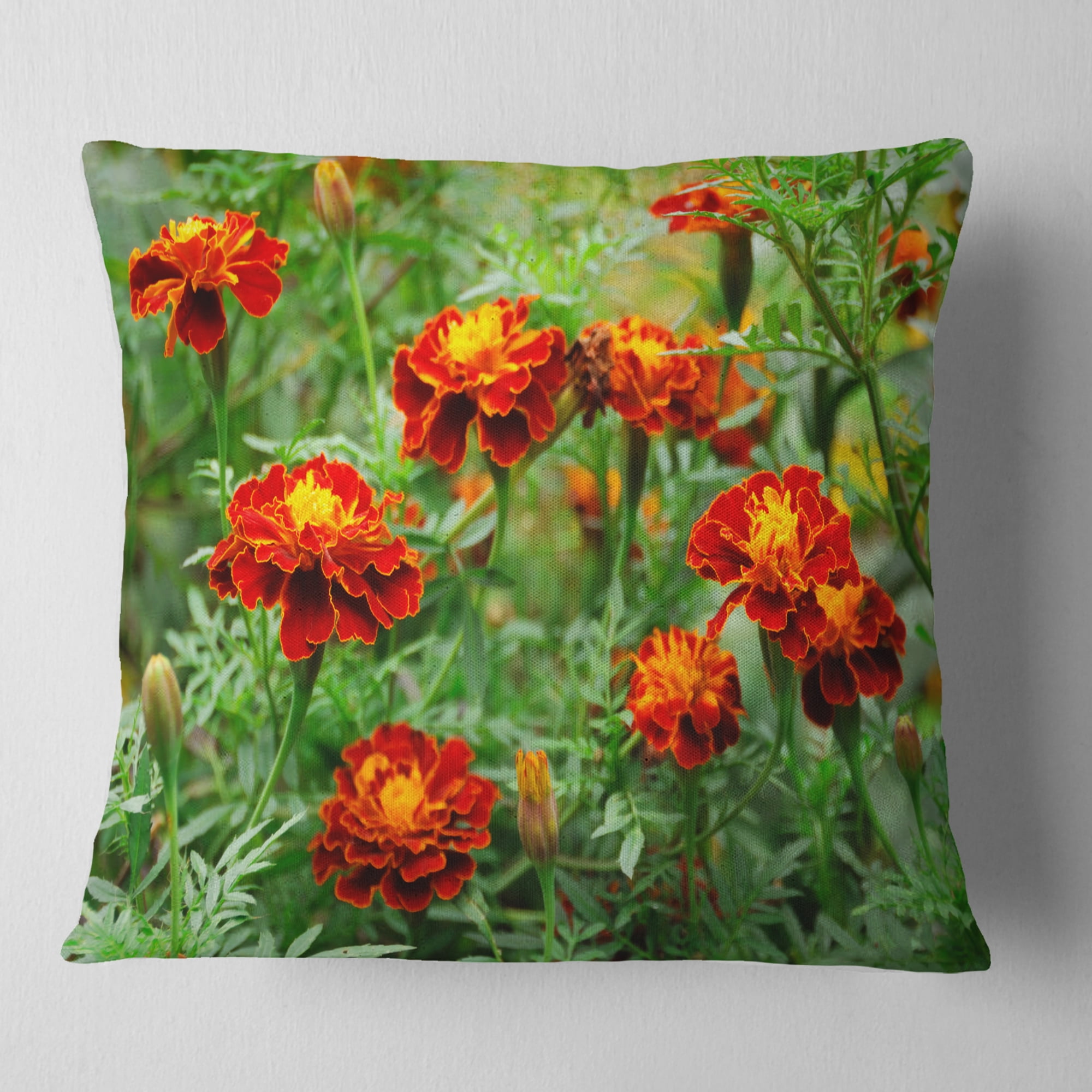 Designart Blooming Red Marigold Flowers - Floral Throw Pillow - 18x18
