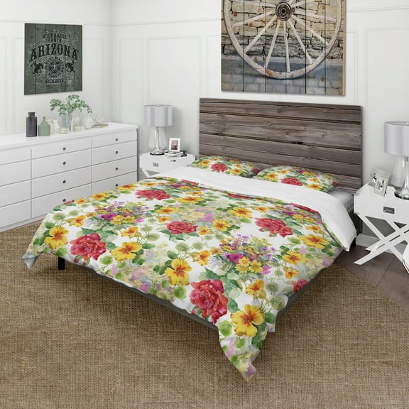 Designart 'Blooming Red Roses And Hibiscus' Floral Duvet Cover Set