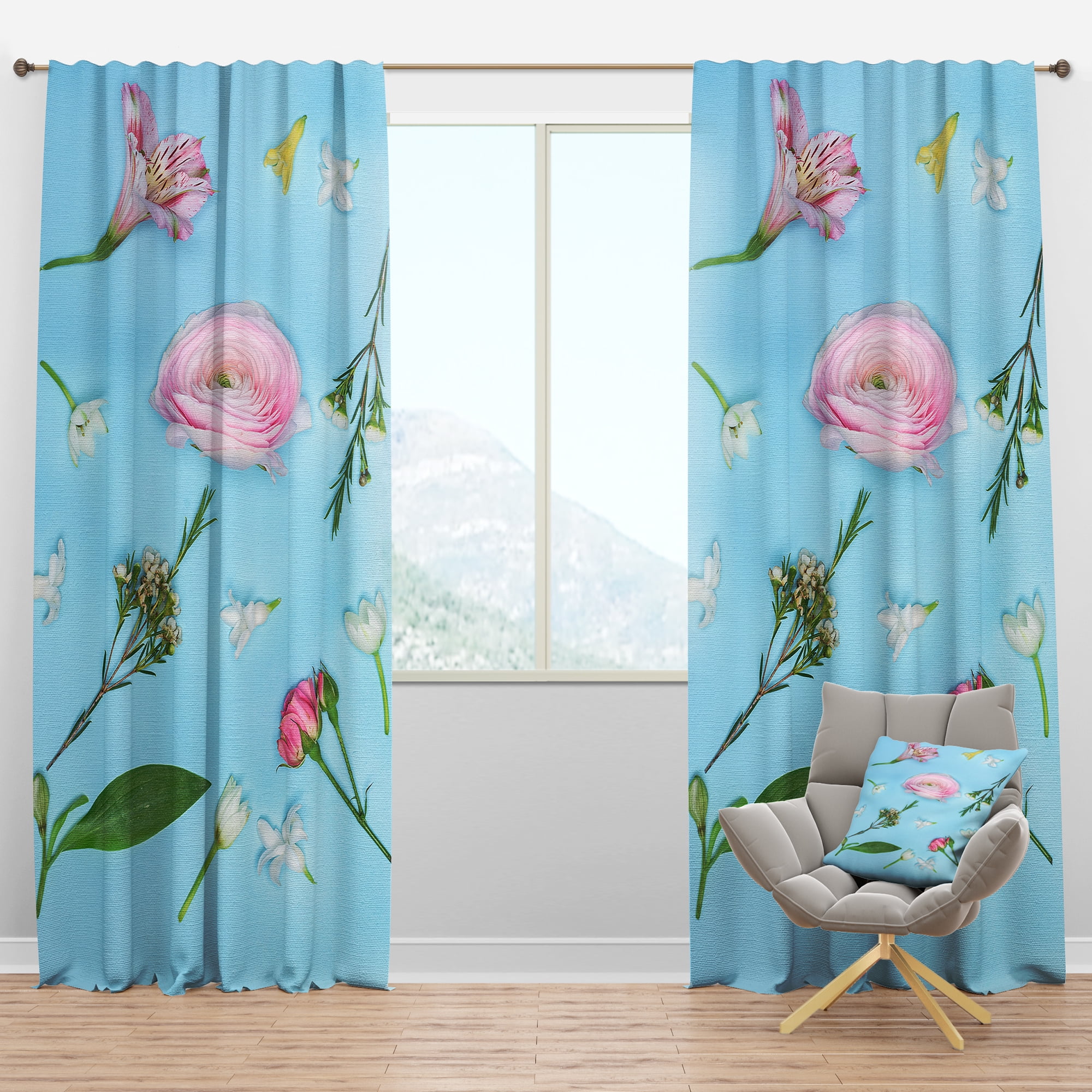 Designart 'Blooming Rose On Blue' Traditional Blackout Curtain Panel