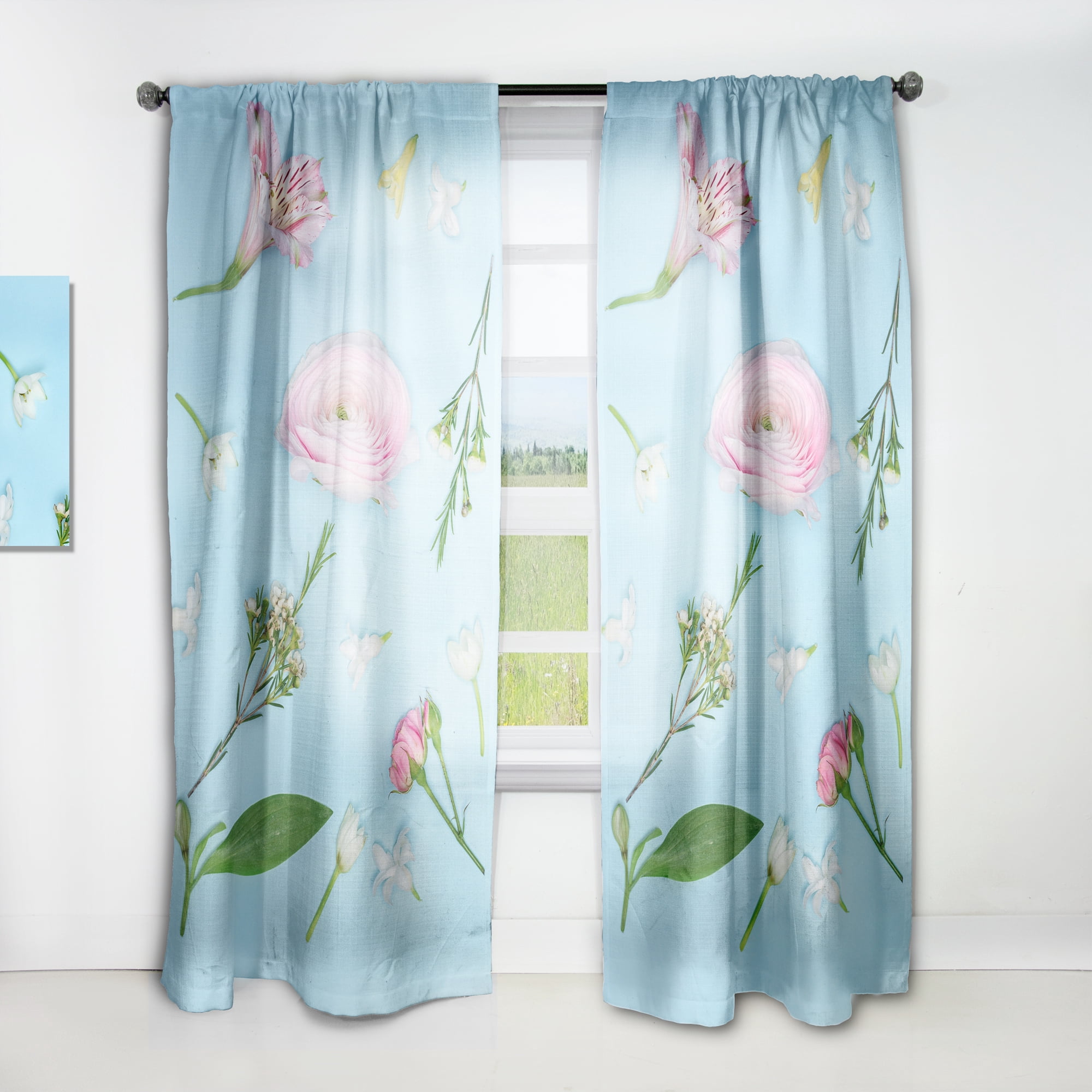 Designart 'Blooming Rose On Blue' Traditional Curtain Panel