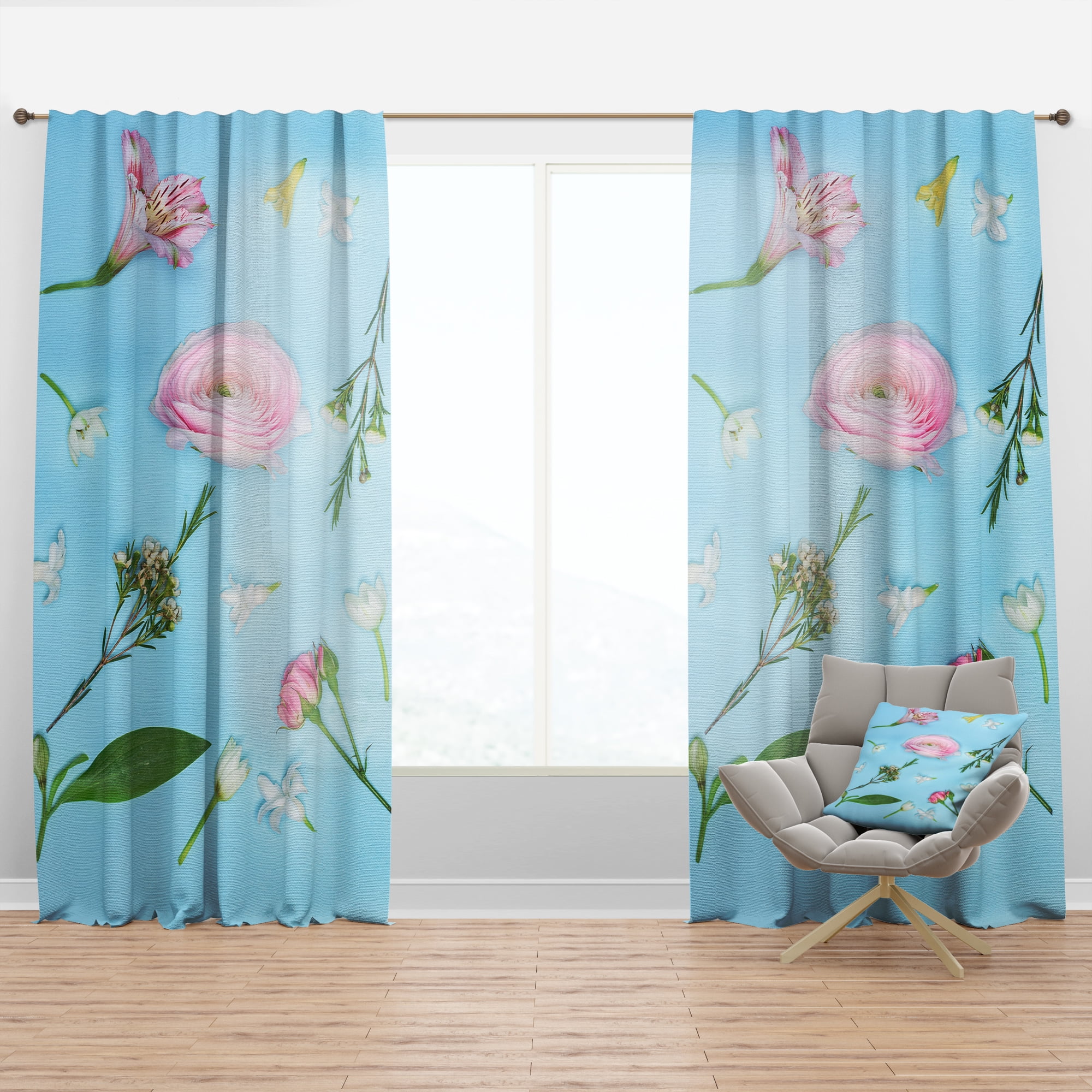 Designart 'Blooming Rose On Blue' Traditional Curtain Panel