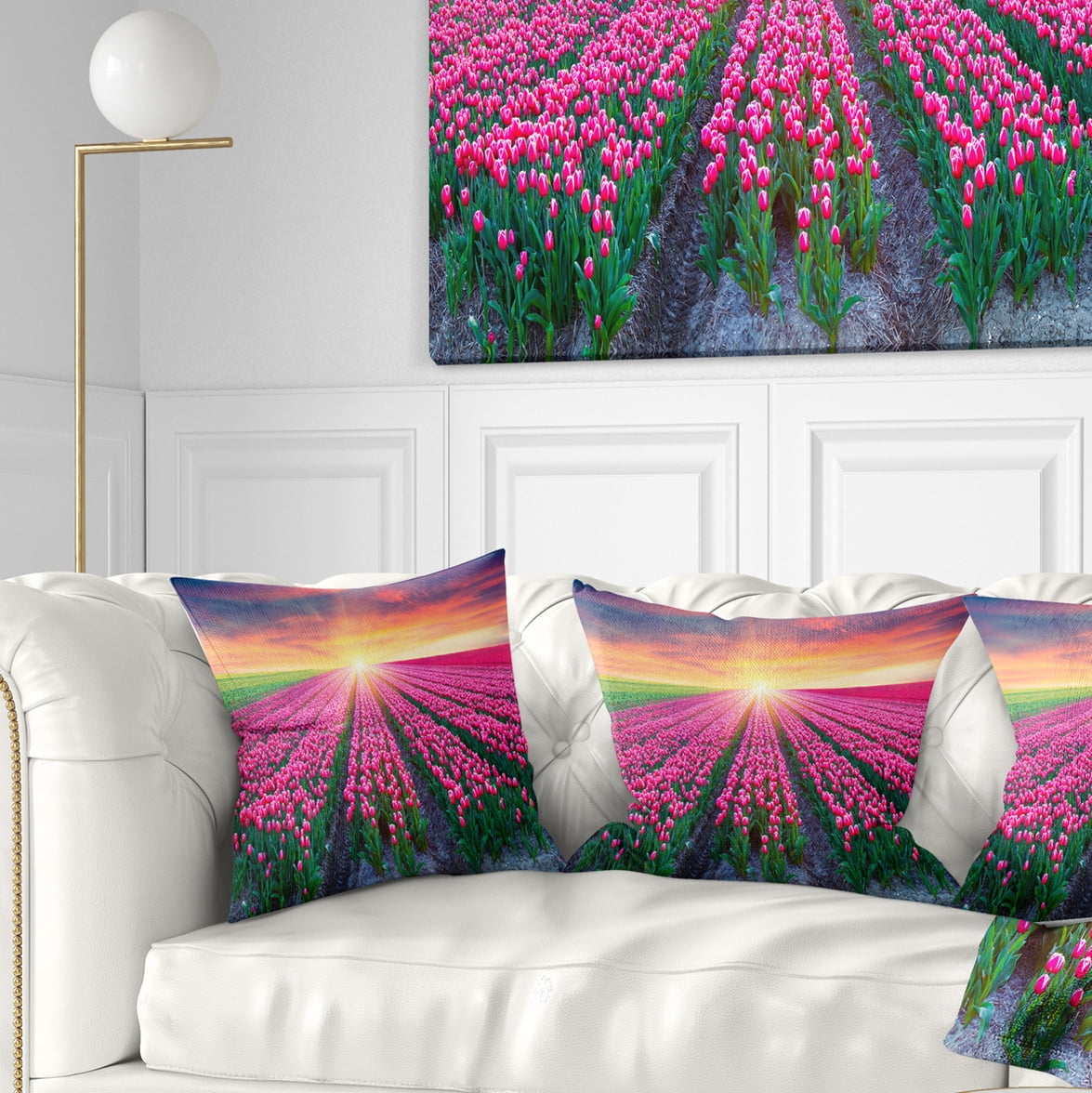 Designart Blooming Tulips at Sunrise - Photography Throw Pillow - 16x16
