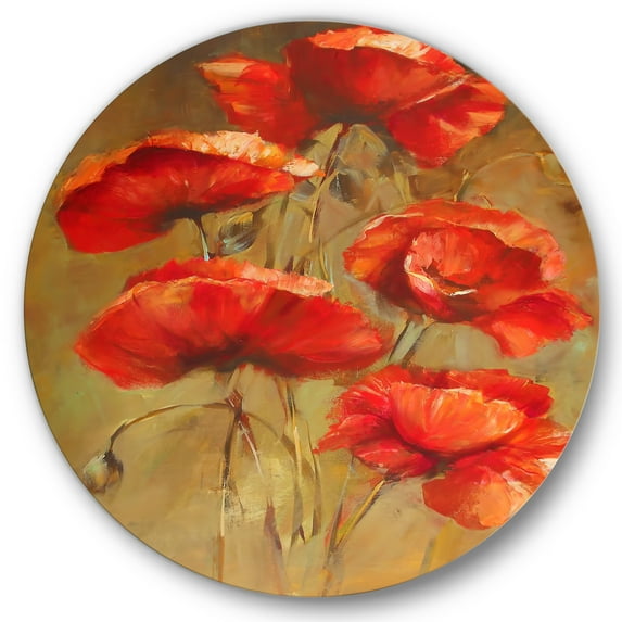 Designart 'Blooming Vintage Poppies I' Traditional Circle Metal Wall Art 11x11 - Disc of 11