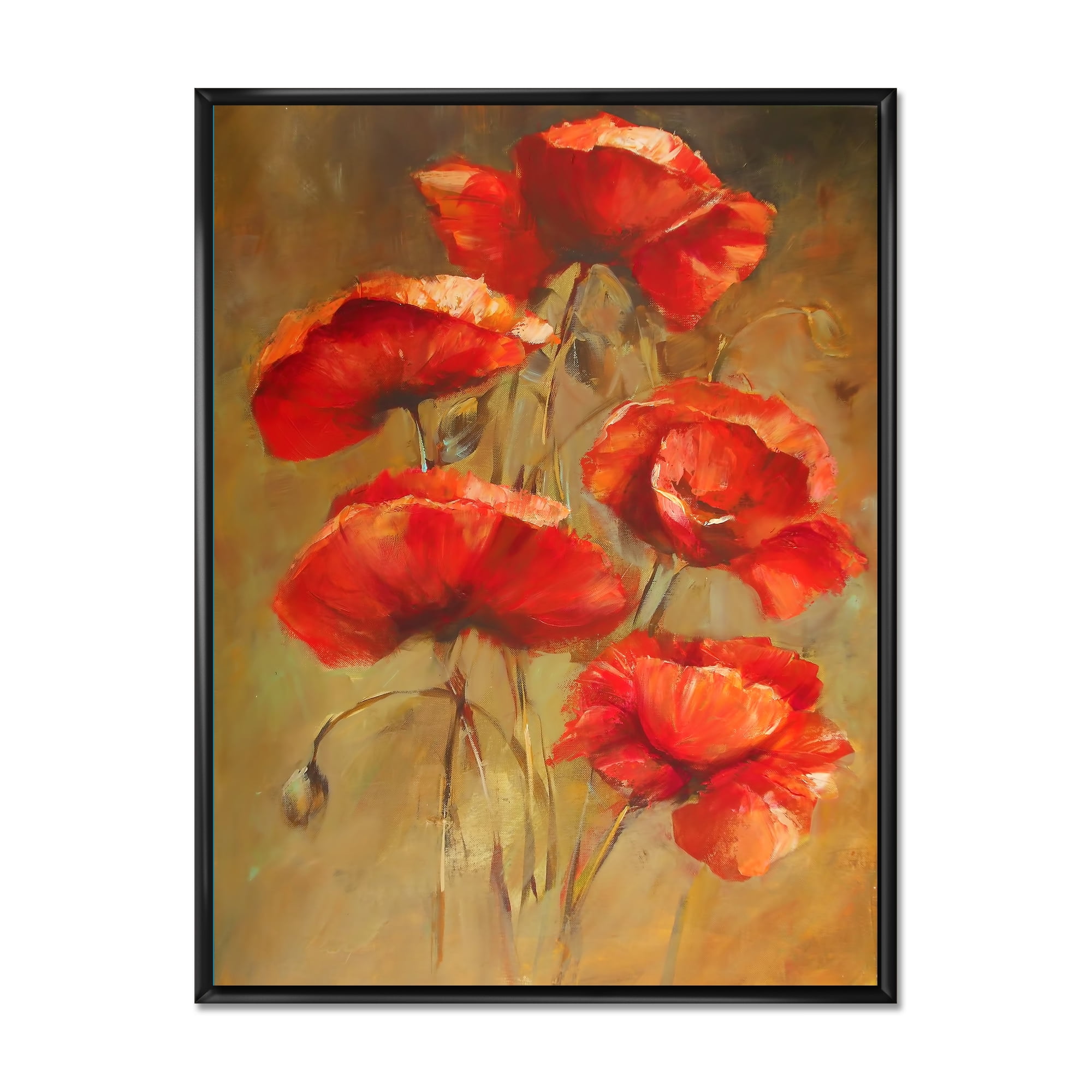Designart 'Blooming Vintage Poppies I' Traditional Framed Canvas Wall Art Print