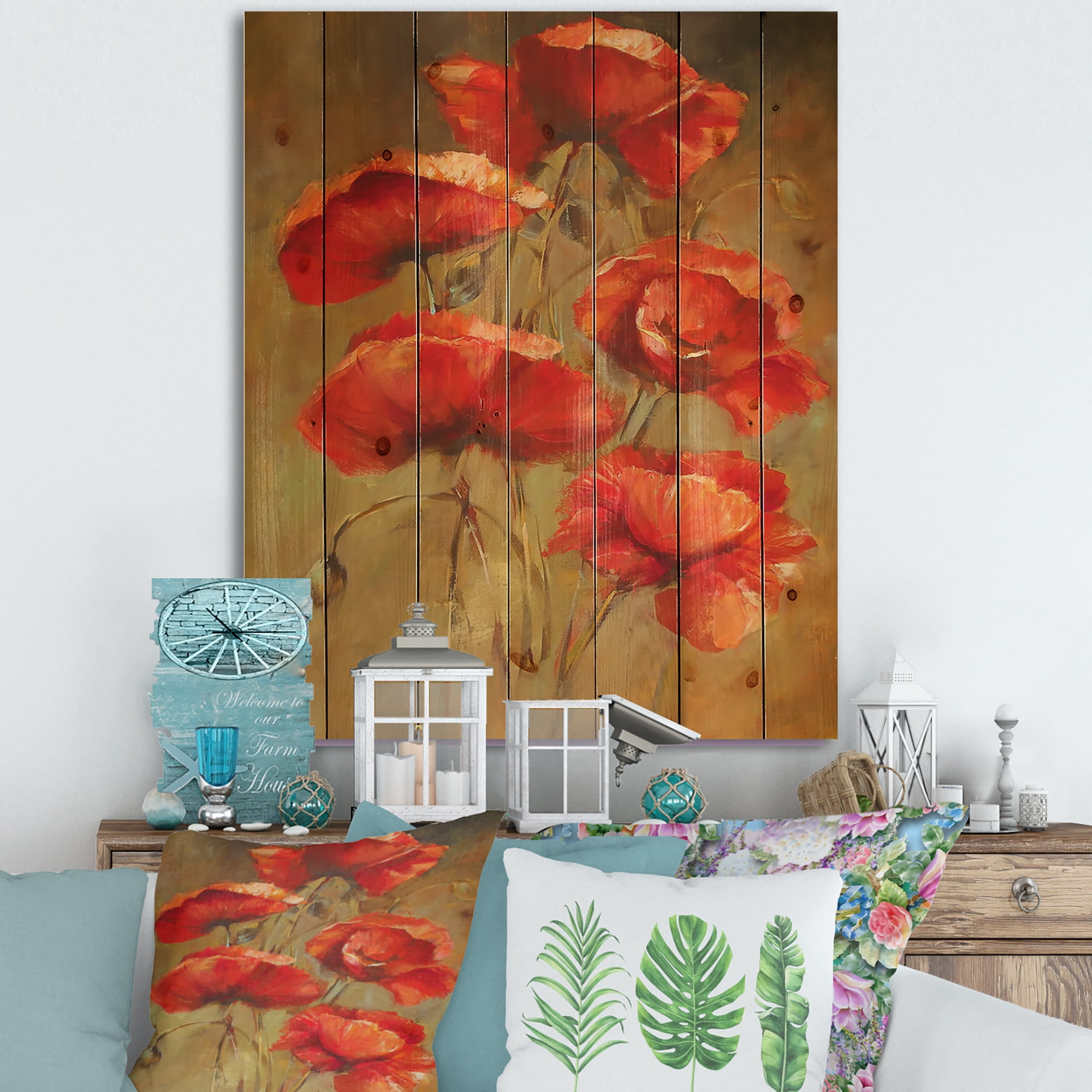Designart 'Blooming Vintage Poppies I' Traditional Print on Natural Pine Wood